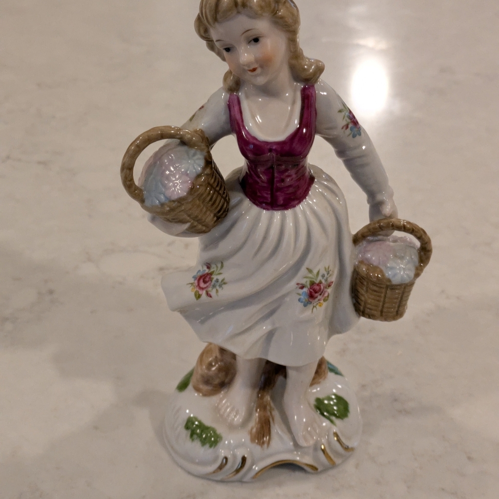 Vintage Porcelain Hand Painted Victorian Girl With Baskets Figurine 8"